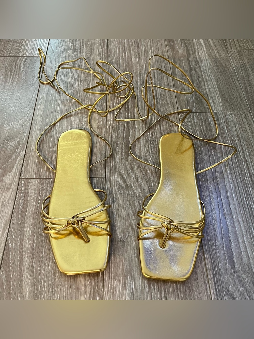 Metallic Gold Lace-Up Square-Toe Women's Sandals
